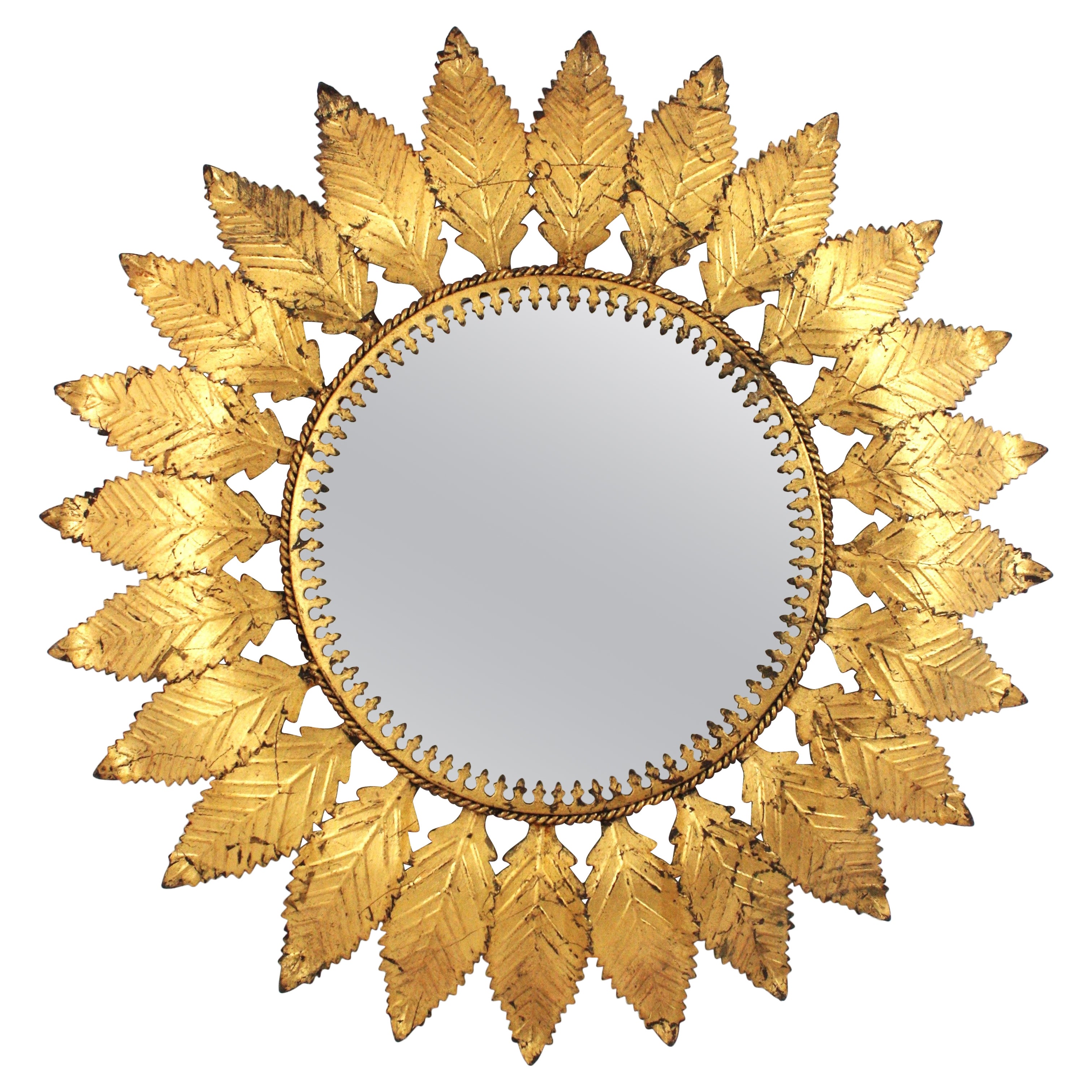 Wall Sunburst Mirror in Gilt Iron with Leafed Frame, Spain 1950s