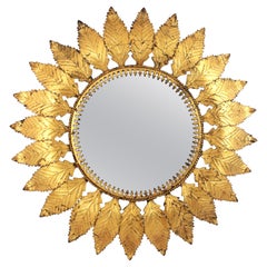 Wall Sunburst Mirror in Gilt Iron with Leafed Frame, Spain 1950s