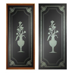 Pair of Calla Lily Urn Etched Clear Glass Window Panels