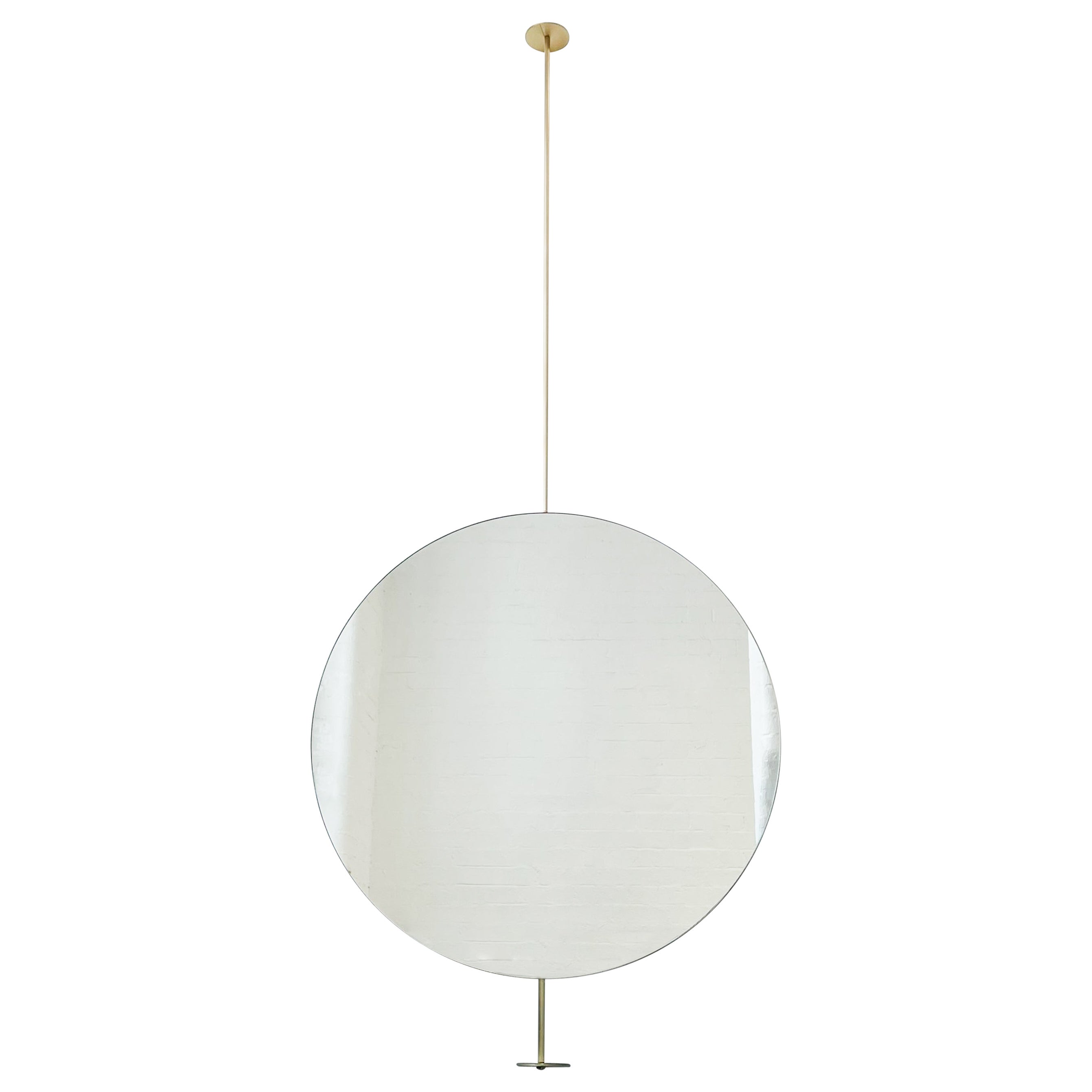 Countertop to Ceiling Fitted Orbis Round Mirror with Brass Frame For Sale
