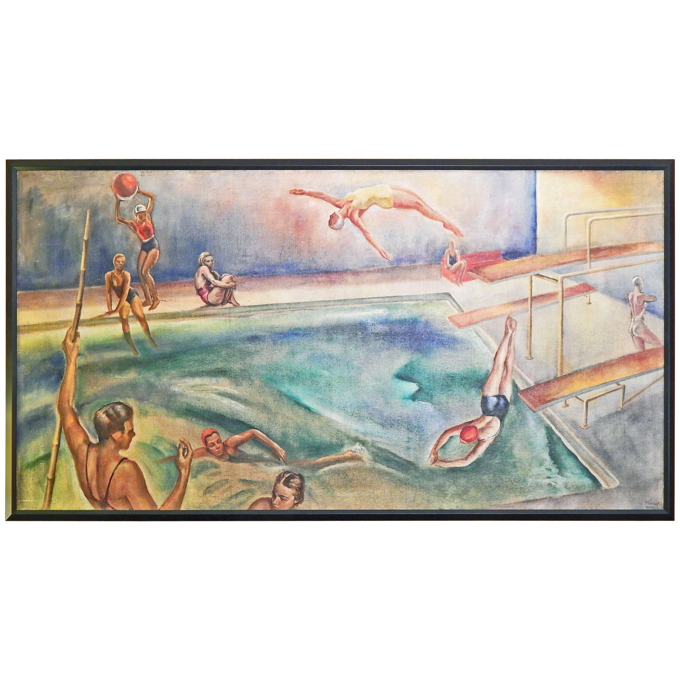 "Swimming Pool, " Masterful, Panoramic Art Deco Painting by McKee