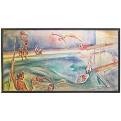 "Swimming Pool," Masterful, Panoramic Art Deco Painting by McKee