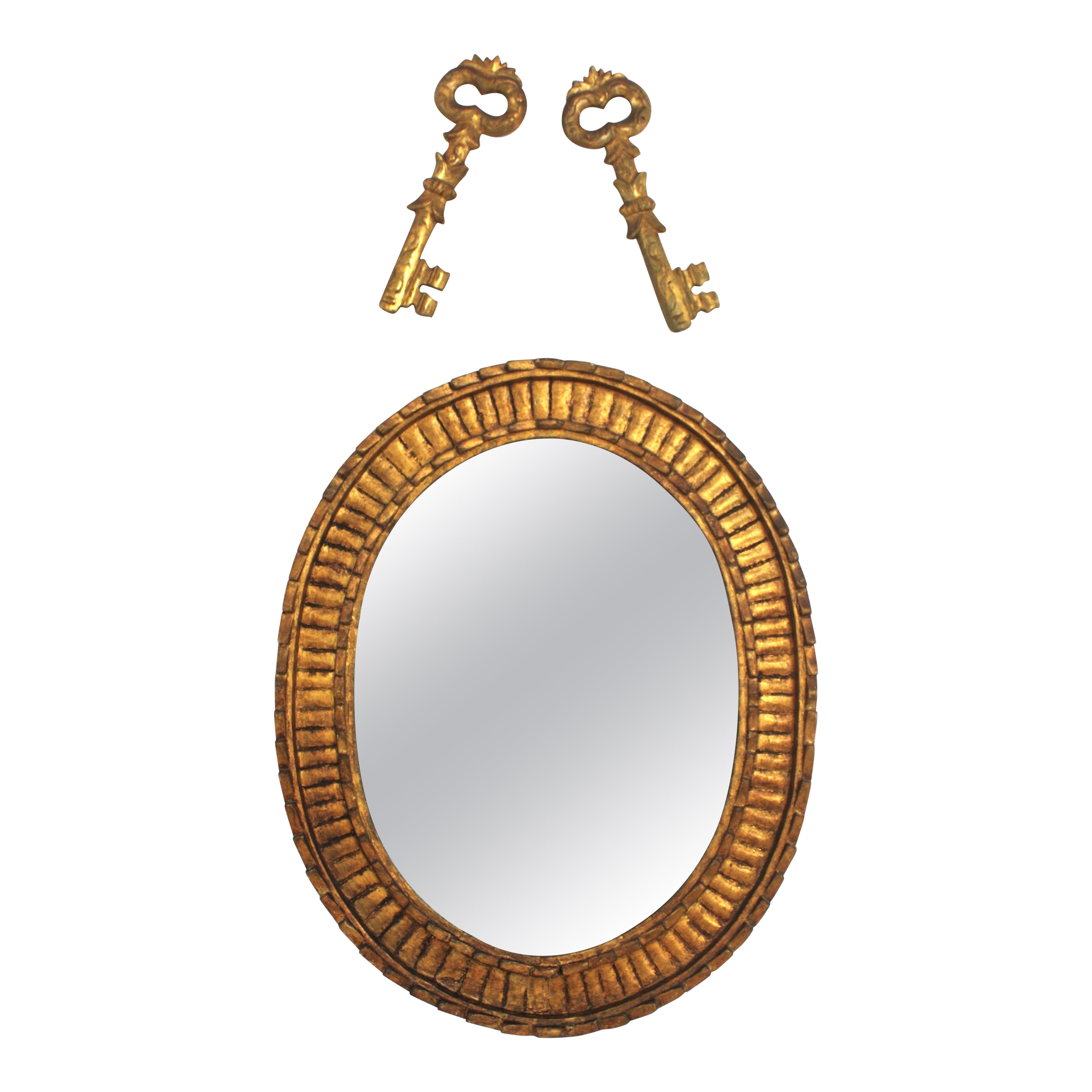 Hollywood Regency Giltwood Oval Mirror with Keys Wall Decoration Detail