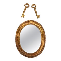 Hollywood Regency Giltwood Oval Mirror with Keys Wall Decoration Detail