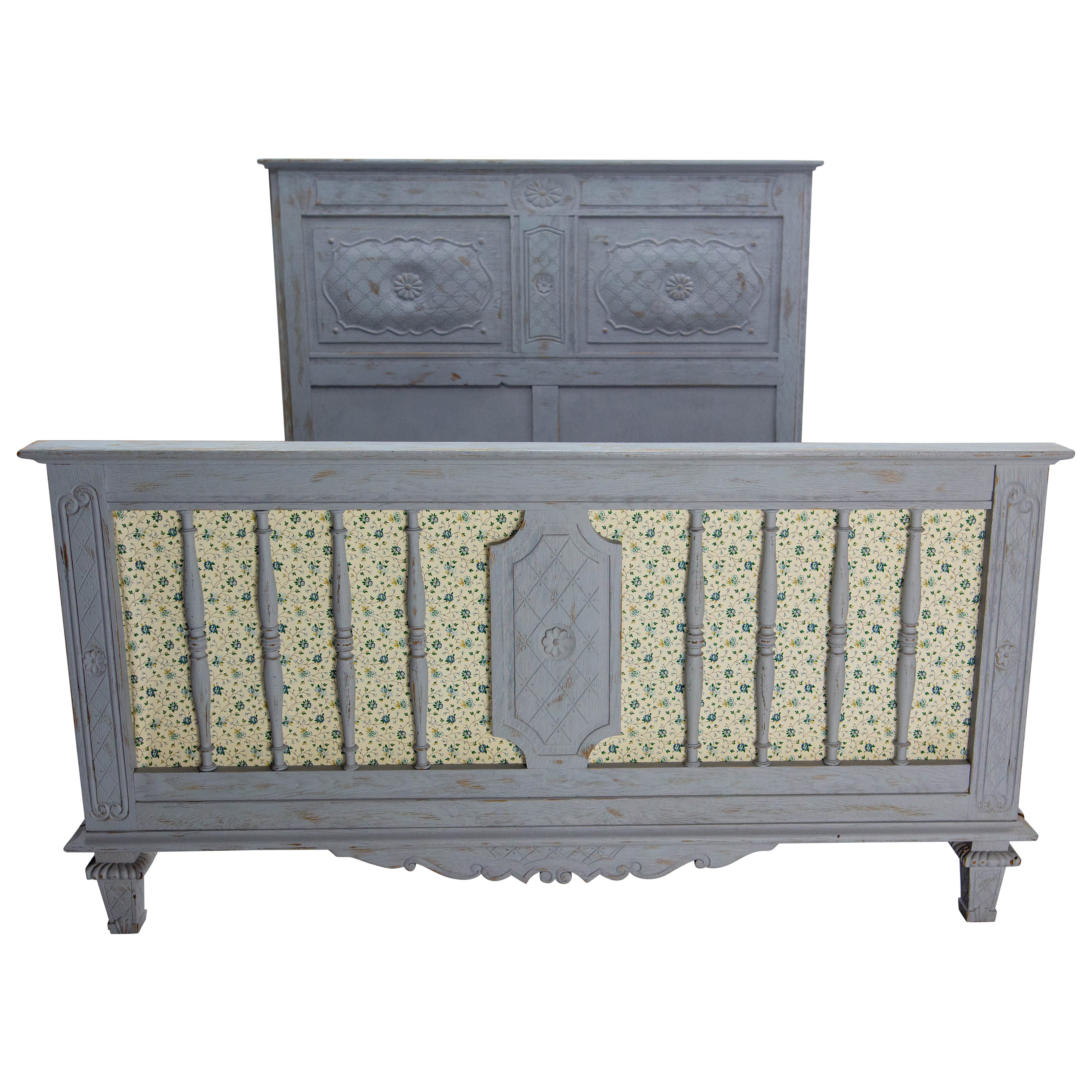 French Patinated Wood Bed Full Size or Double Bed Louis XVI Style, circa 1960