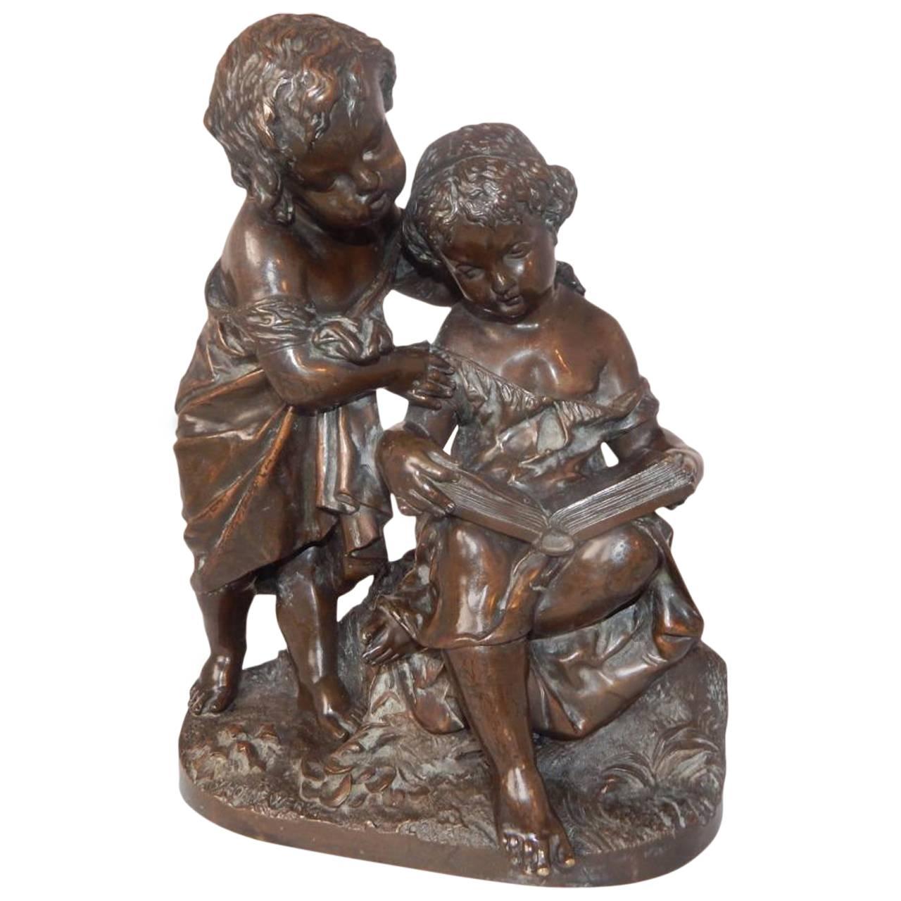 1870 Beautiful Bronze Sculpture of 2 Children by Alexandre Schoenewerk For Sale