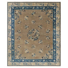 Antique Chinese Art Deco Rug, Beige and Blue with Floral Patterns - Rug & Kilim