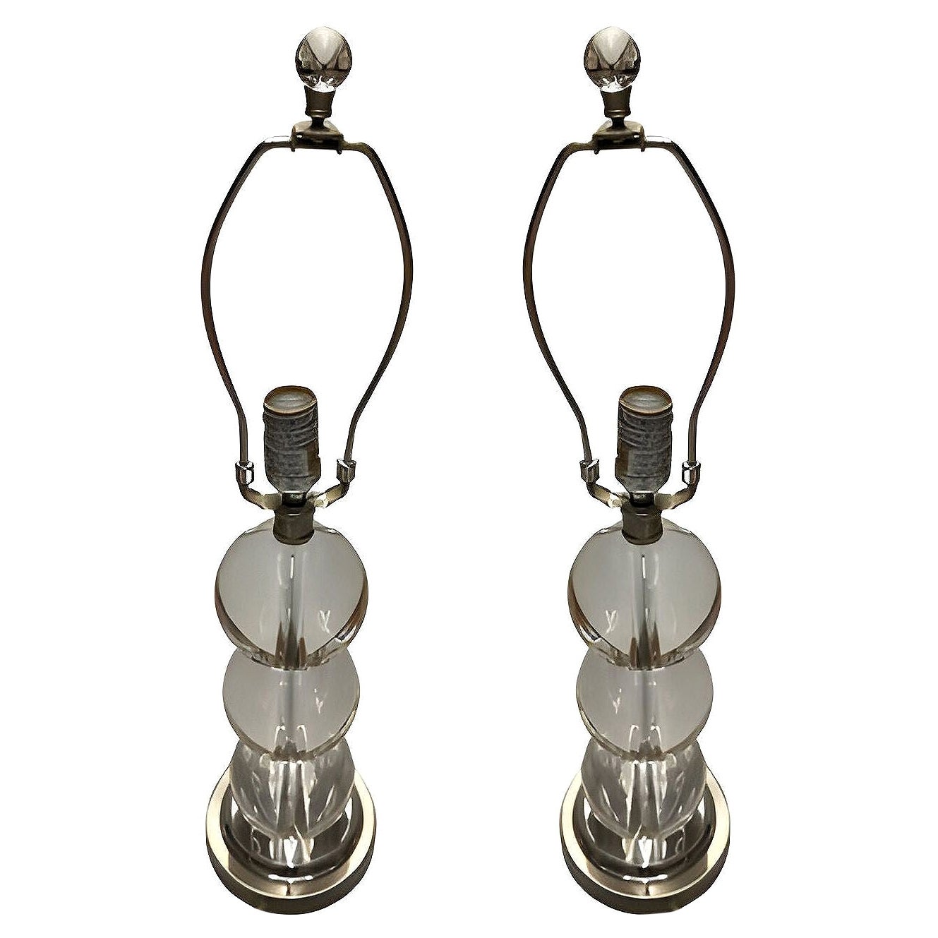 Mid-century Stacked Graduating Crystal Ball Table Lamps w/ Chrome Base, Pair