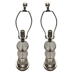 Mid-century Stacked Graduating Crystal Ball Table Lamps w/ Chrome Base, Pair