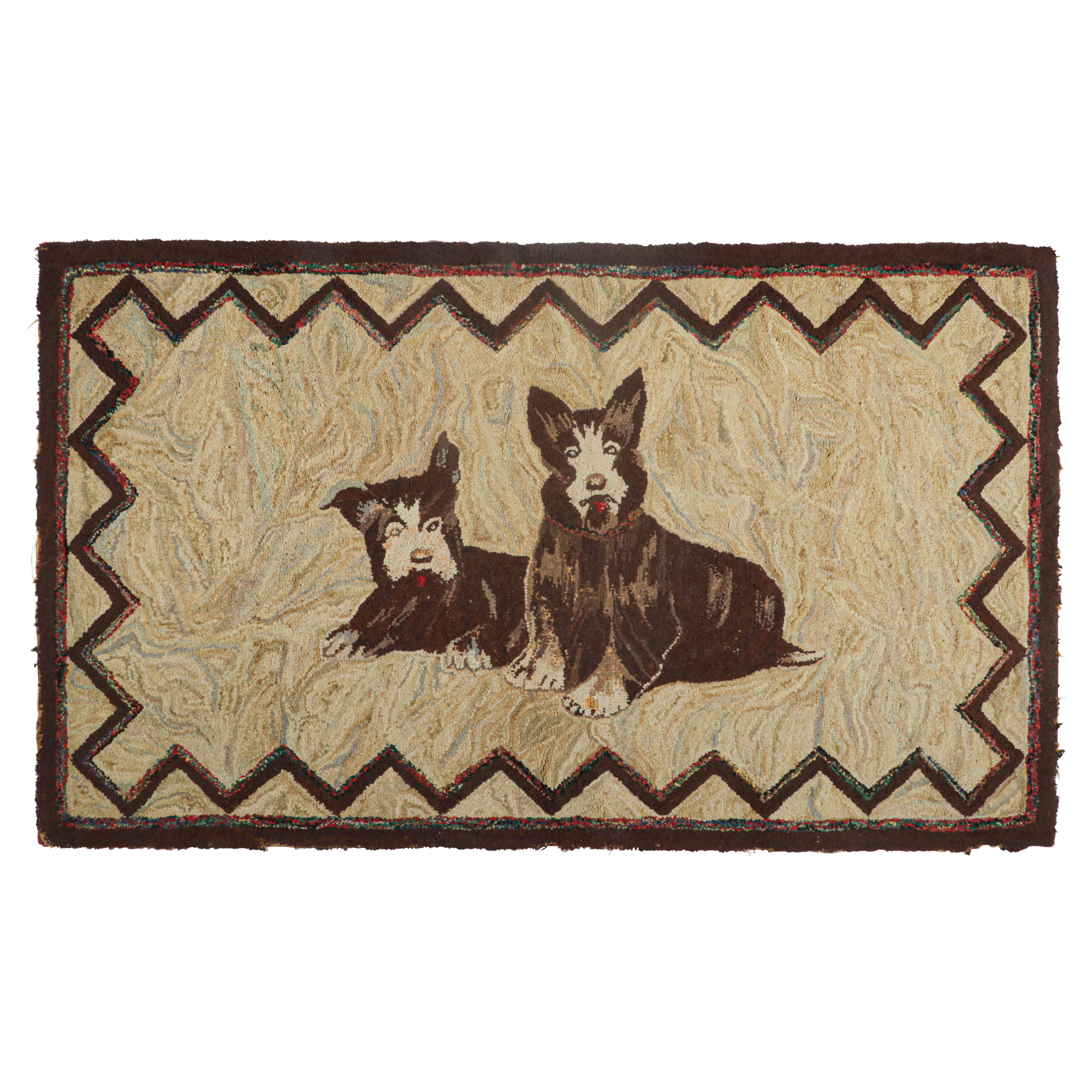 Antique Hooked Rug in Beige-Brown with Dog Pictorials - Rug & Kilim