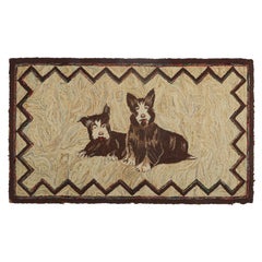Antique Hooked Rug in Beige-Brown with Dog Pictorials - Rug & Kilim