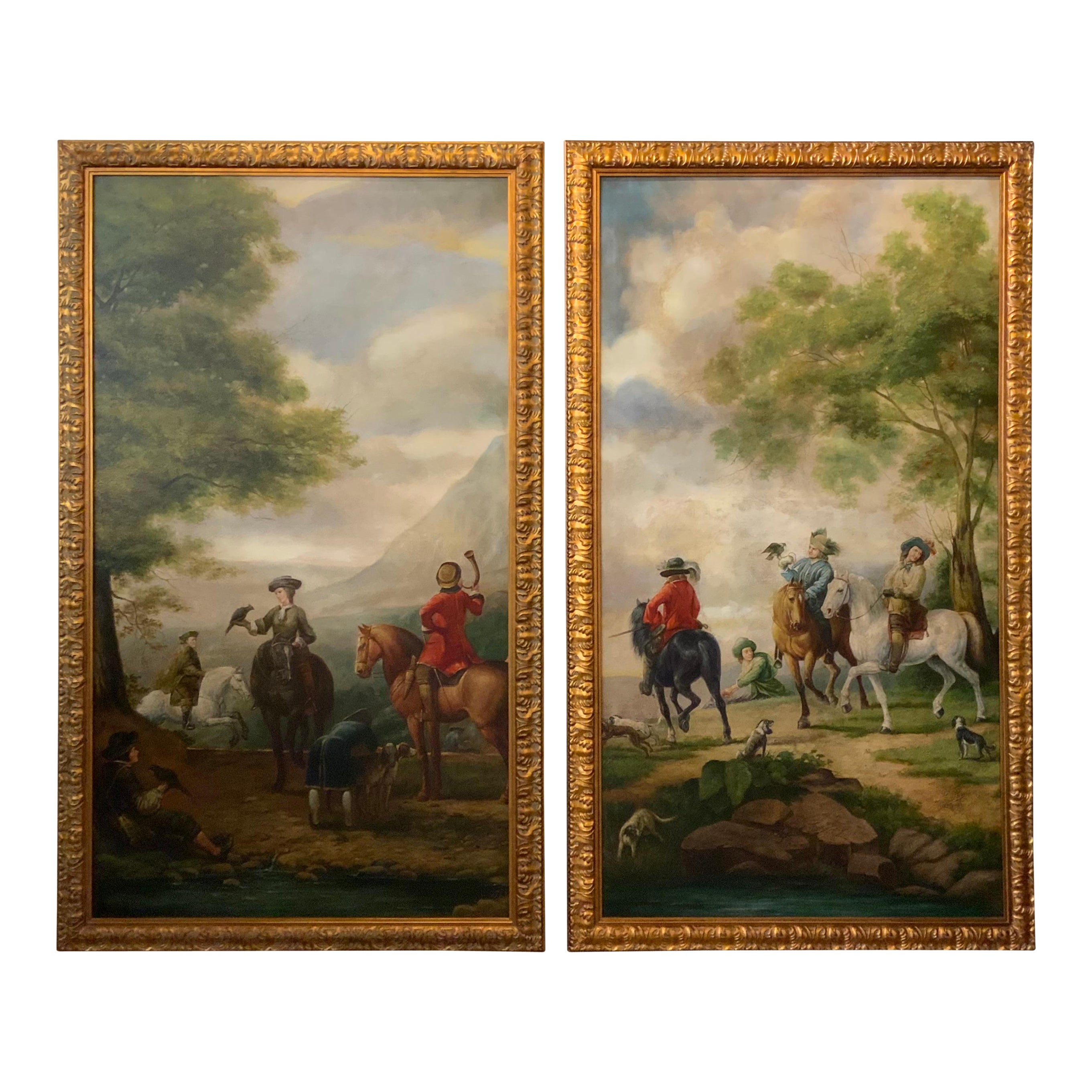Pair of large oil on canvas paintings of neoclassical design