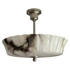 Exquisite Art Deco Alabaster Shade Flush Mount / Pendant Light w. Plated Canopy