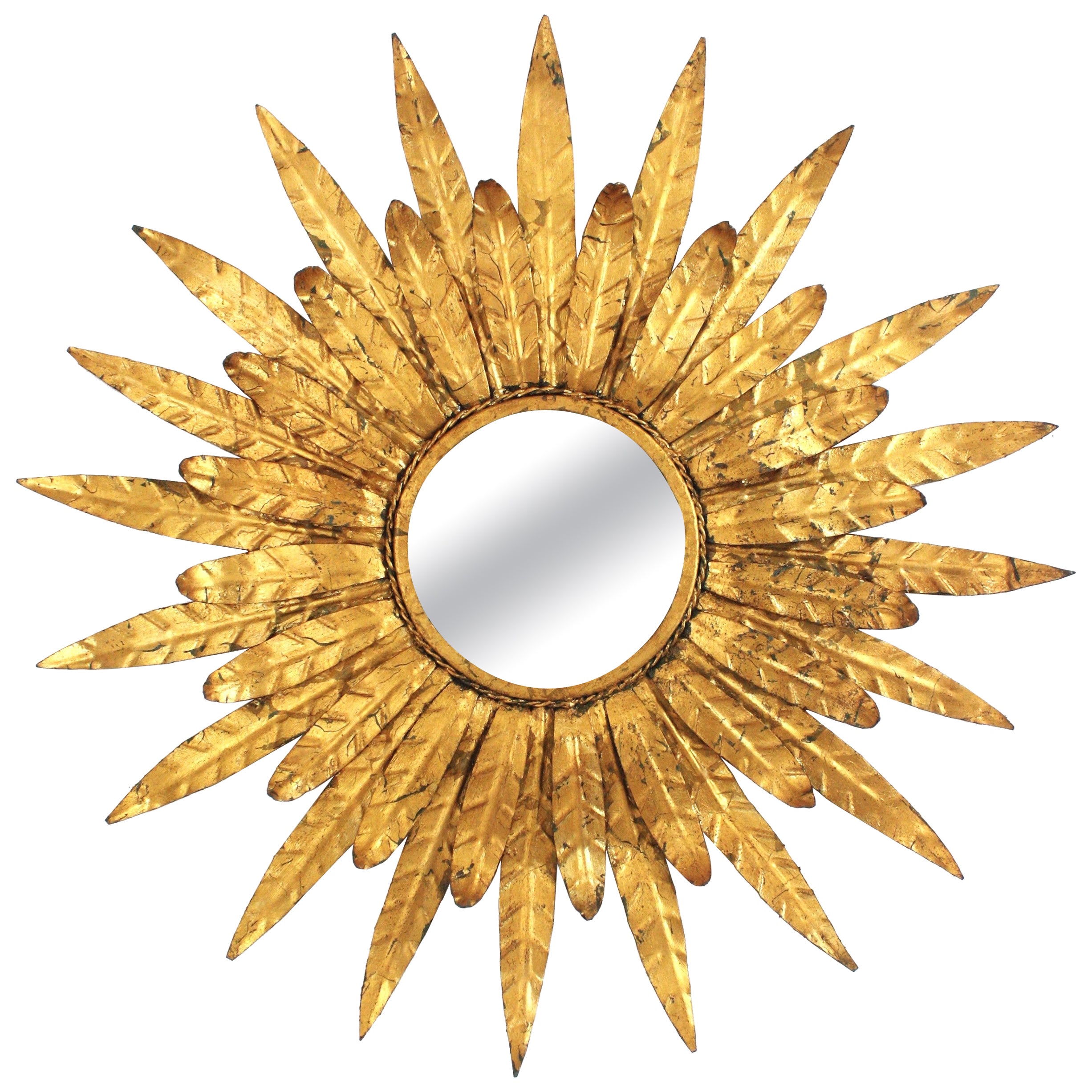 Spanish Double Layered Sunburst Mirror in Gilt Iron with Leafed Frame