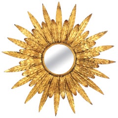 Spanish Double Layered Sunburst Mirror in Gilt Iron with Leafed Frame