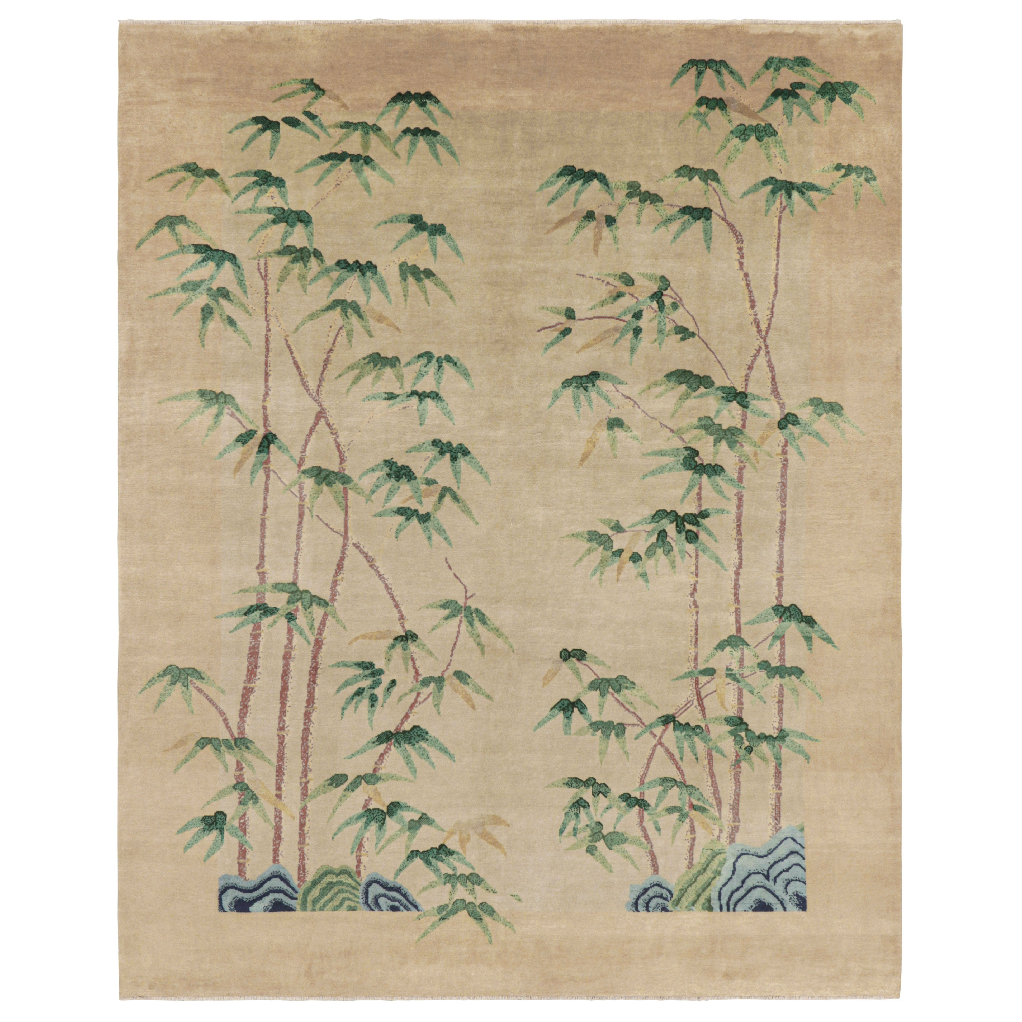 Alfombra china de estilo Art Déco de Rug & Kilim en beige con motivos florales de bambú