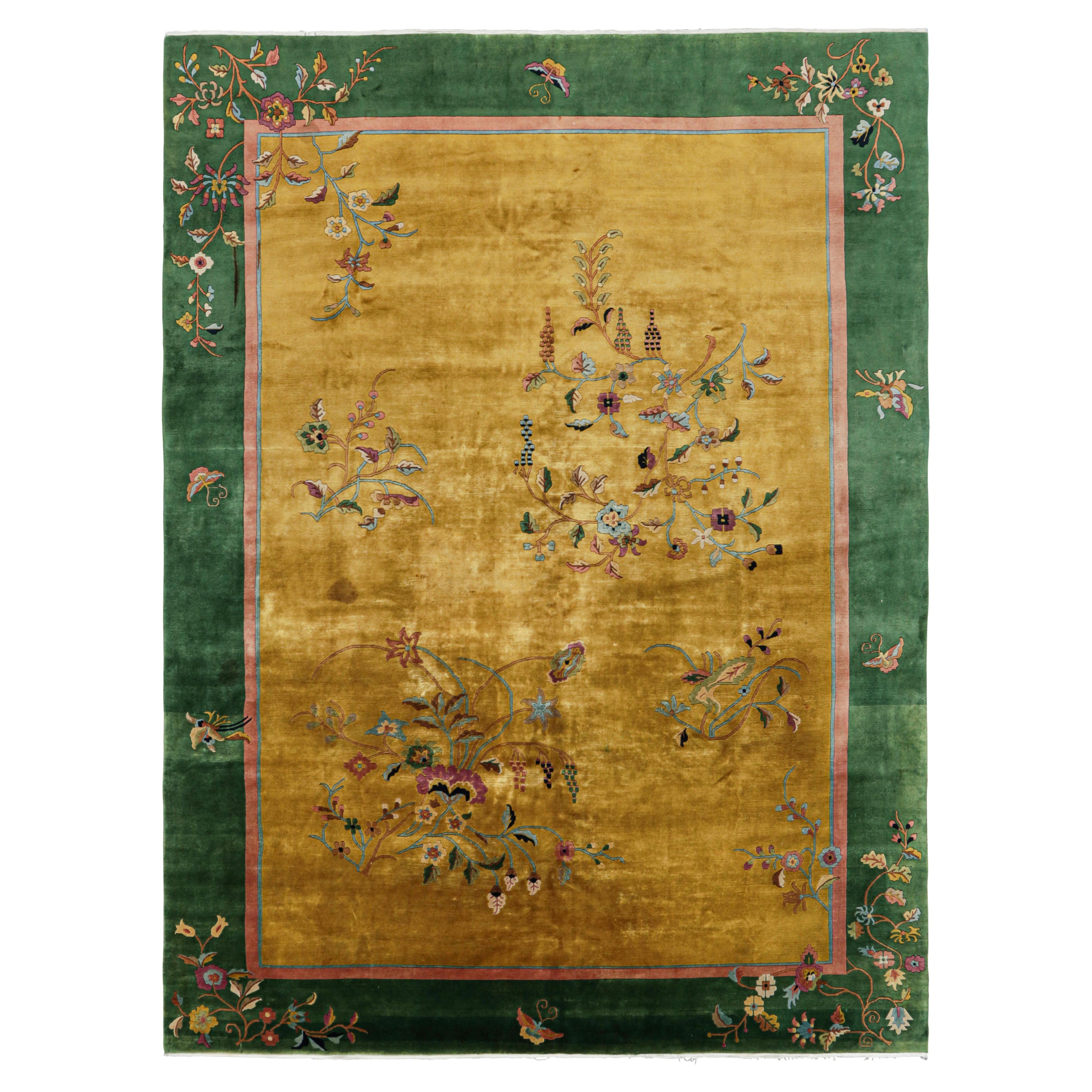 Antique Chinese Art Deco Rug, Gold and Green with Floral Patterns - Rug & Kilim For Sale
