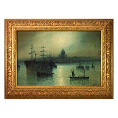 Walter Meegan Harbor Scene in Moonlight Oil Painting