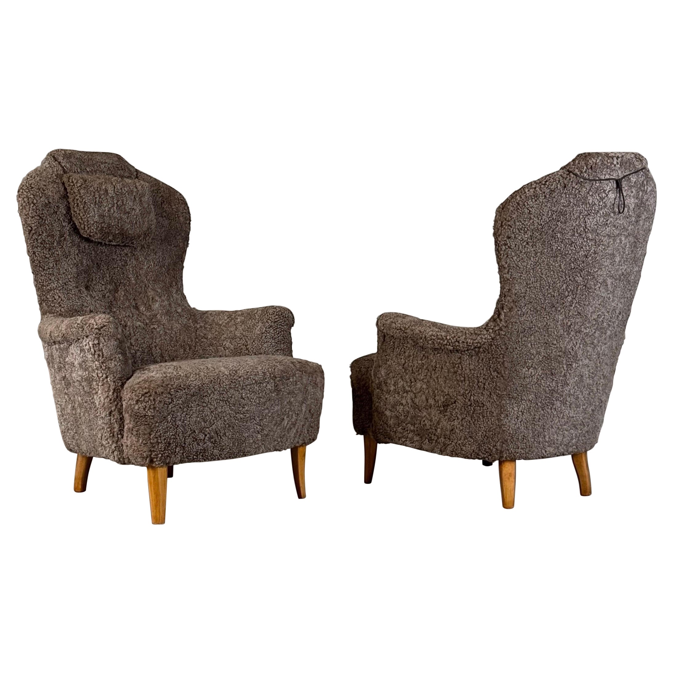 Carl Malmsten for O.H. Sjögren 'Farmor' Armchair in Grey Lambswool, 1950s