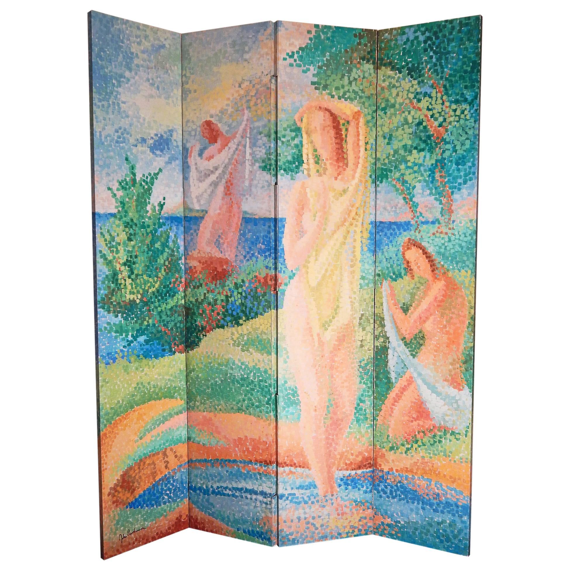 "Bathers, " Brilliant Late Art Deco Folding Screen in Pointillist Manner, 1958 For Sale