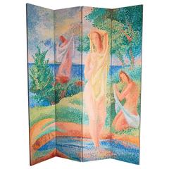 Vintage "Bathers, " Brilliant Late Art Deco Folding Screen in Pointillist Manner, 1958