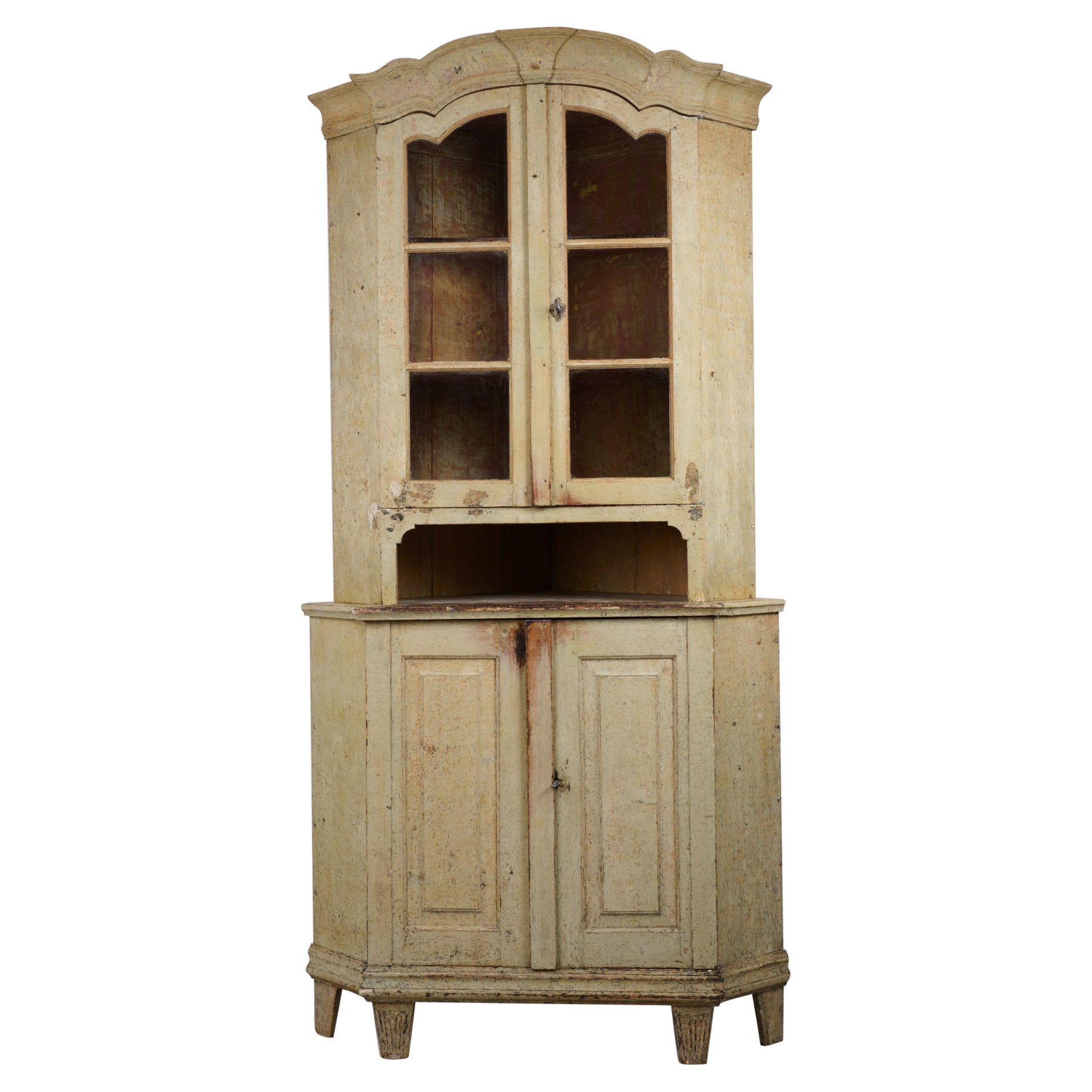 Rare Antique Swedish Gustavian Period Corner Cabinet with Authentic Glass Doors For Sale