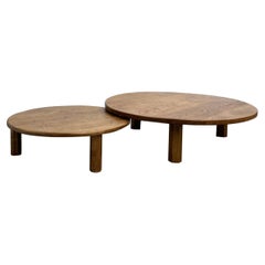 Pair of large modernist tripod french coffee tables in oak