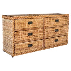 Vintage Coastal Organic Modern Large Braid Rattan Six Drawer Dresser