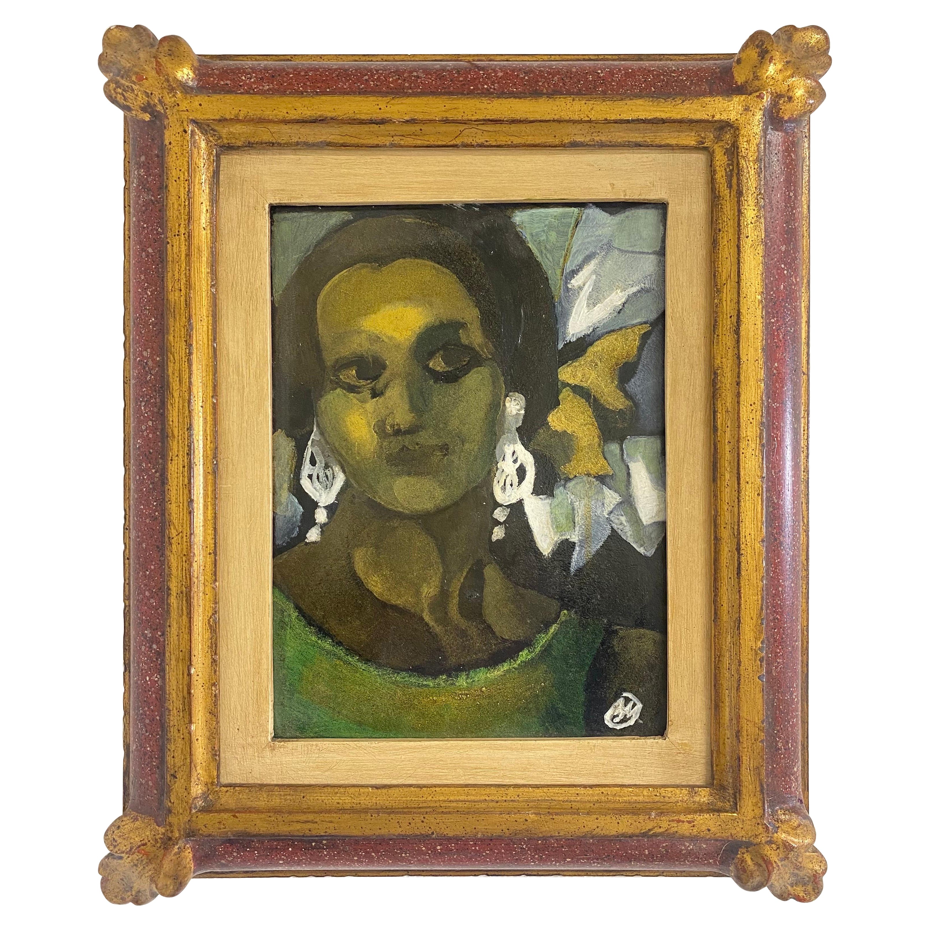 Late 20th century framed oil on board portrait of a young woman.