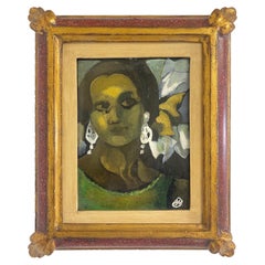 Ritratto di giovane donna su tavola incorniciato della fine del XX secolo.