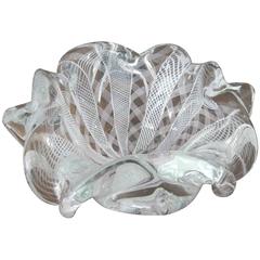 Zanfirico Pale Pink and White Latticino Scalloped Edge Murano Glass Bowl