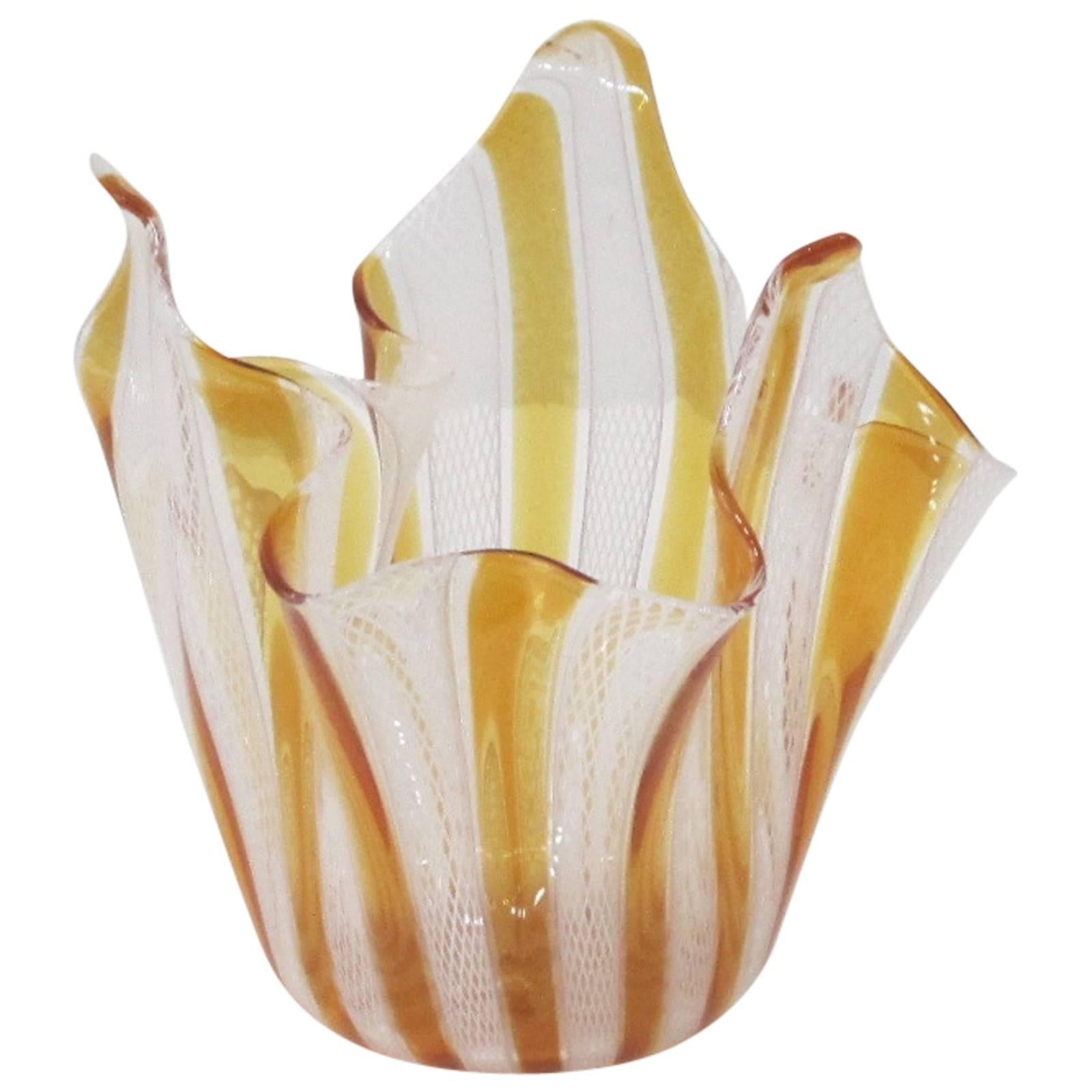 Handblown Murano Glass Amber and White Latticino Handkerchief Bowl