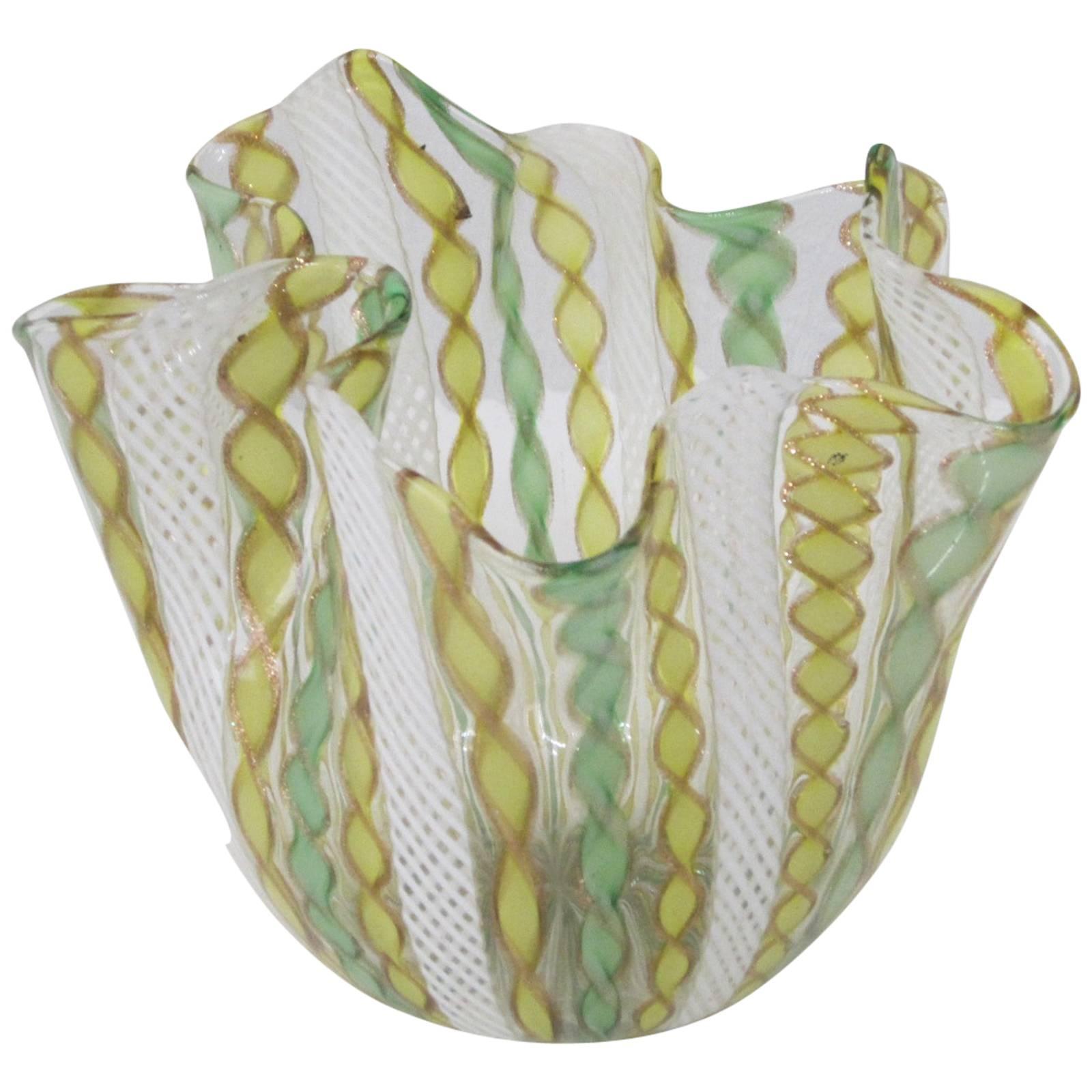 Fazzoletto Latticino Handblown Murano Glass Handkerchief Vase by Venini