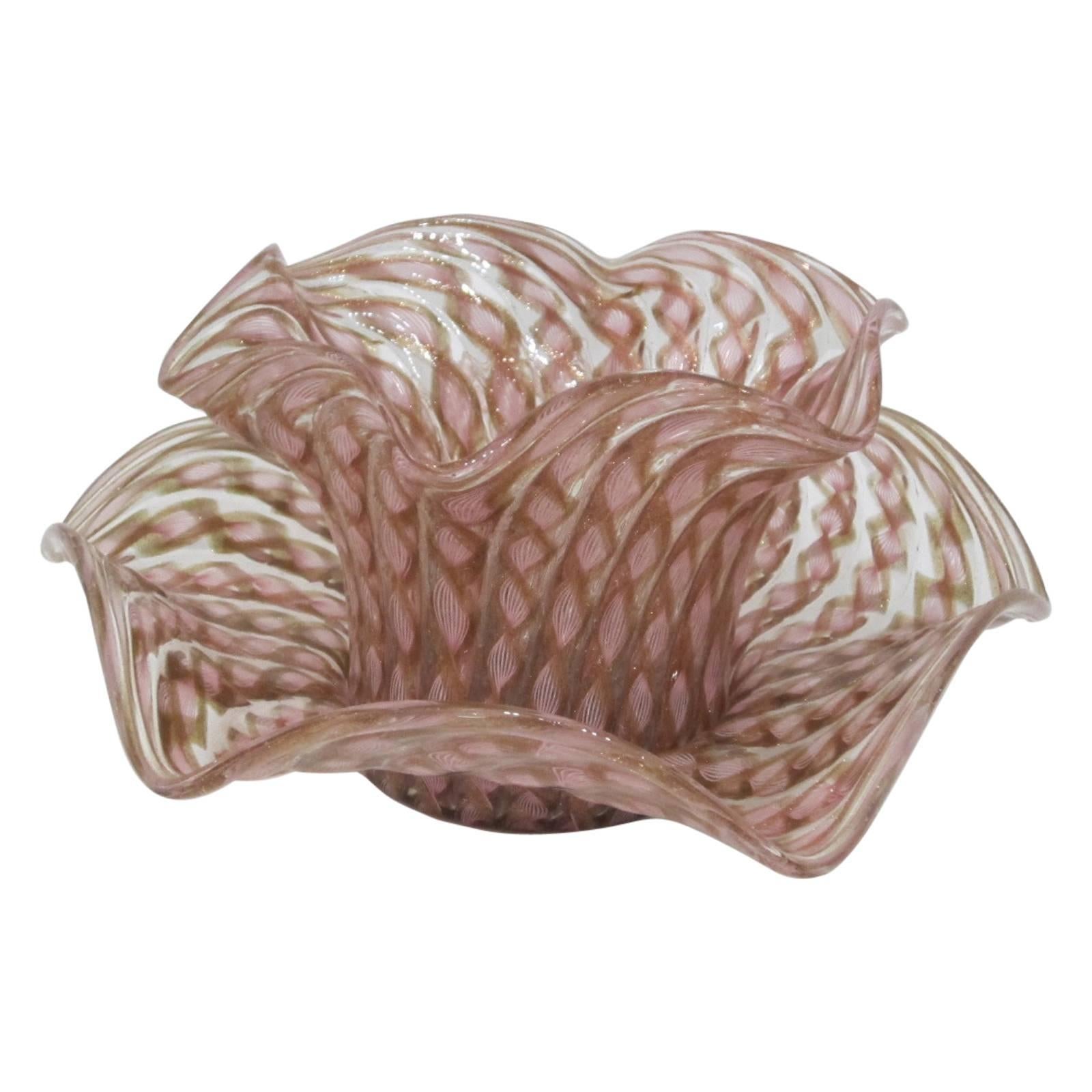 Handblown Murano Glass Pink and Copper Latticino Bowl with Saucer For Sale