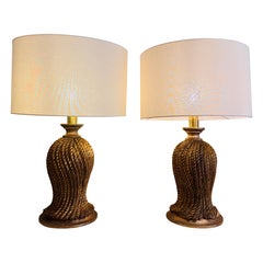 Vintage pair of gilded carvedwood rope table lamps