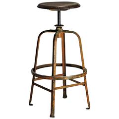 Antique Early Riveted Steel Industrial Drafting Stool
