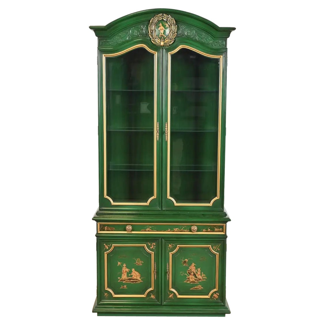 Karges Französisches Regency Louis XVI Chinoiserie-Bücherregal, grün lackiert und beleuchtet, Französisch Regency