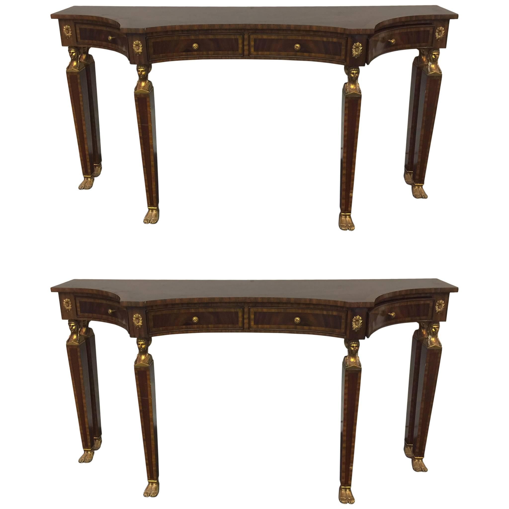 Handsome Pair of Neoclassical Style Signed Maitland-Smith Console Tables For Sale