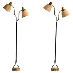 Eskilstuna Elektrofabrik, Lampada da terra, Ottone, Metallo, Rattan, Svezia 1960s