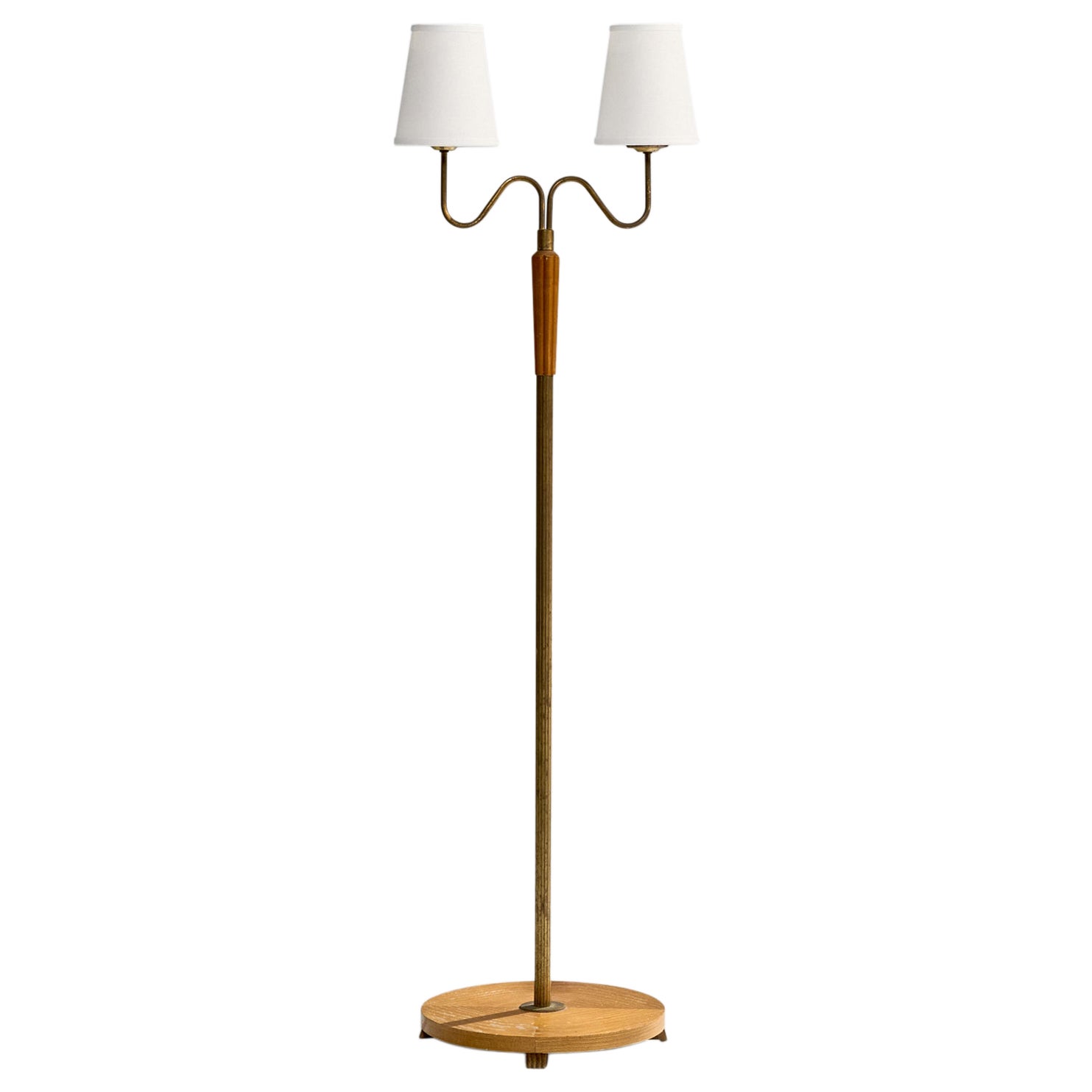 Swedish Designer, Floor Lamp, Oak, Brass, Fabric, Sweden, 1930s