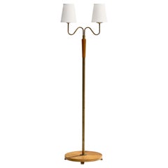 Swedish Designer, Floor Lamp, Oak, Brass, Fabric, Sweden, 1930s