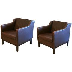 Pair of Vintage Danish Brown Leather Club Chairs