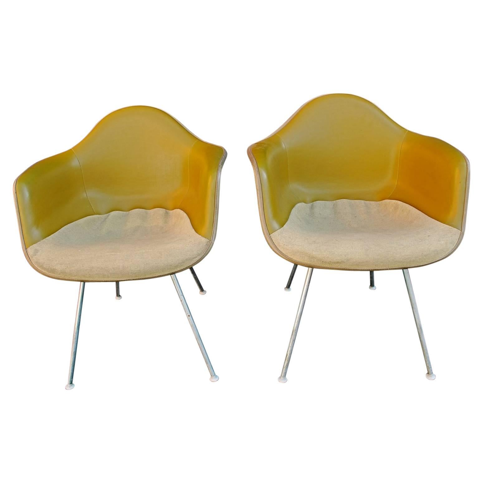 Pair of Charles Eames Bucket Chairs with Two-Tone Original Fabric For Sale