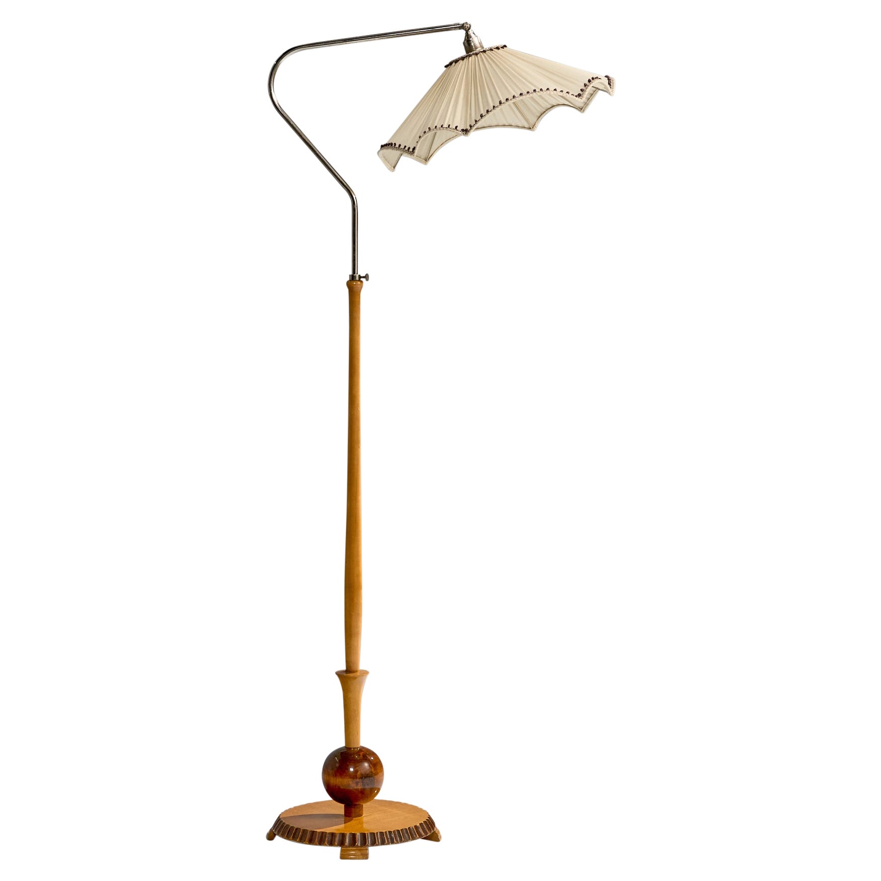 Schwedische Designerin, Stehlampe, Birke, Nickel, Stoff, Schweden, 1930er Jahre im Angebot