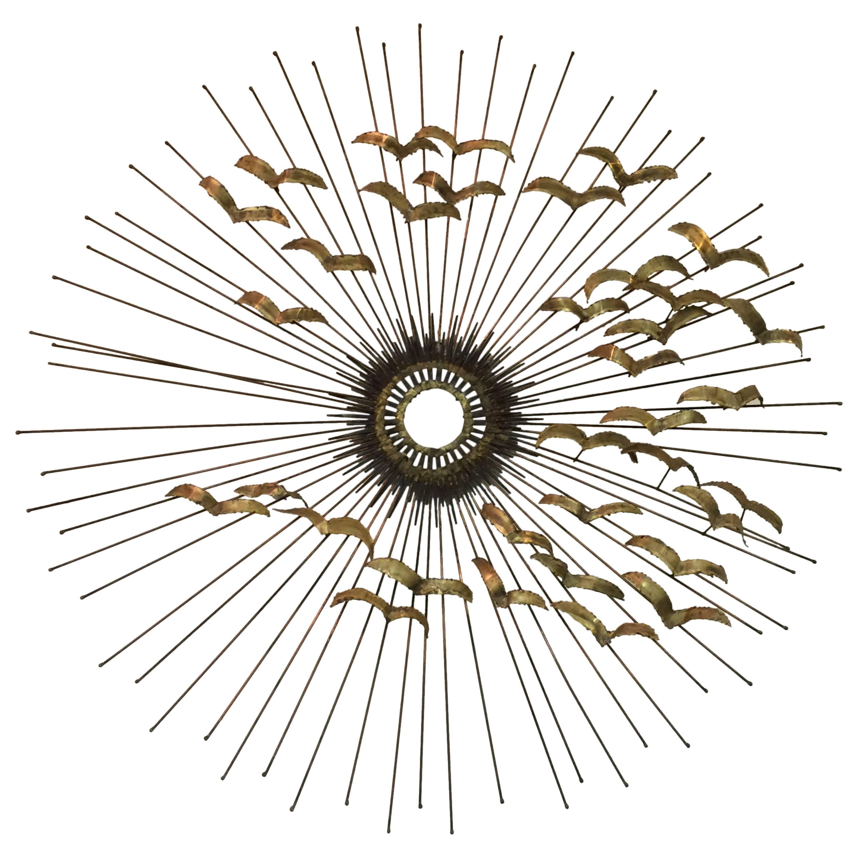 Curtis Jere Sunburst Wall Sculpture with Birds For Sale