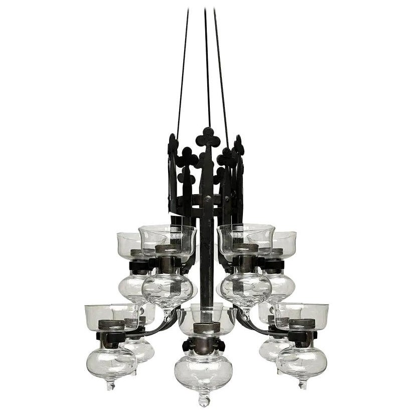 Mid-Century Swedish Wrought Iron and Glass Candle Chandelier, 1960s