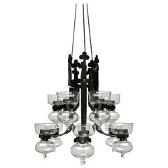 Mid-Century Swedish Wrought Iron and Glass Candle Chandelier, 1960s