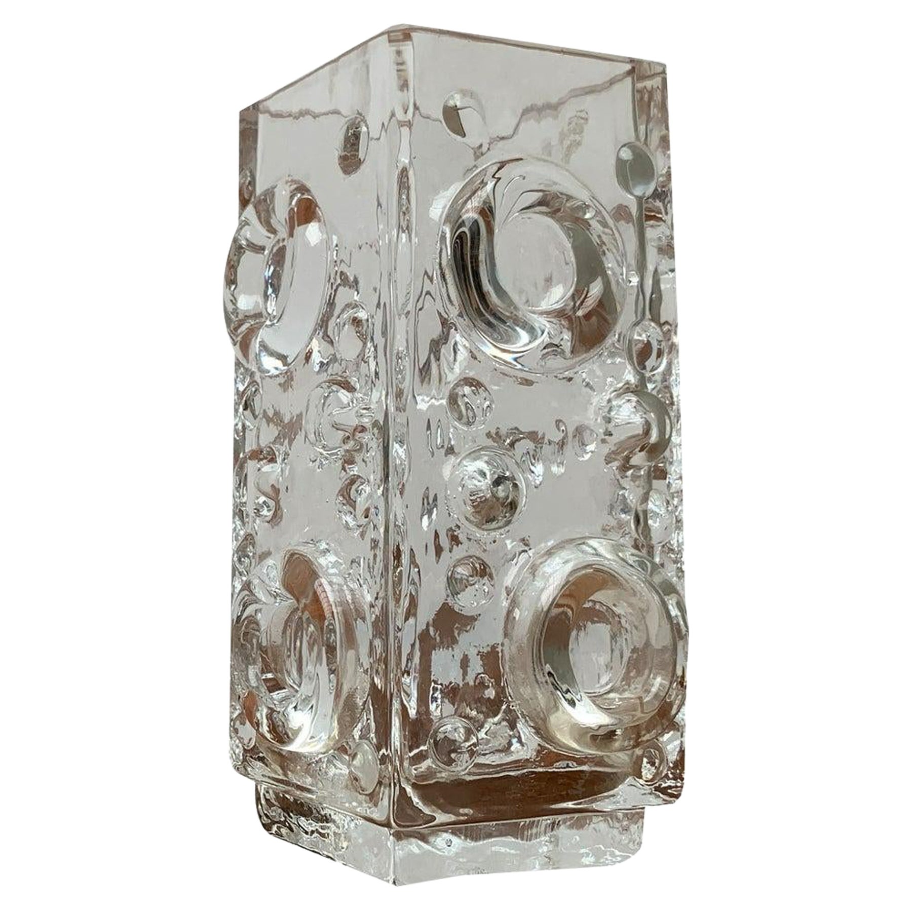 Mid-Century Swedish Brutalist Bubble Glass Block Vase by Josef Schott, 1960s