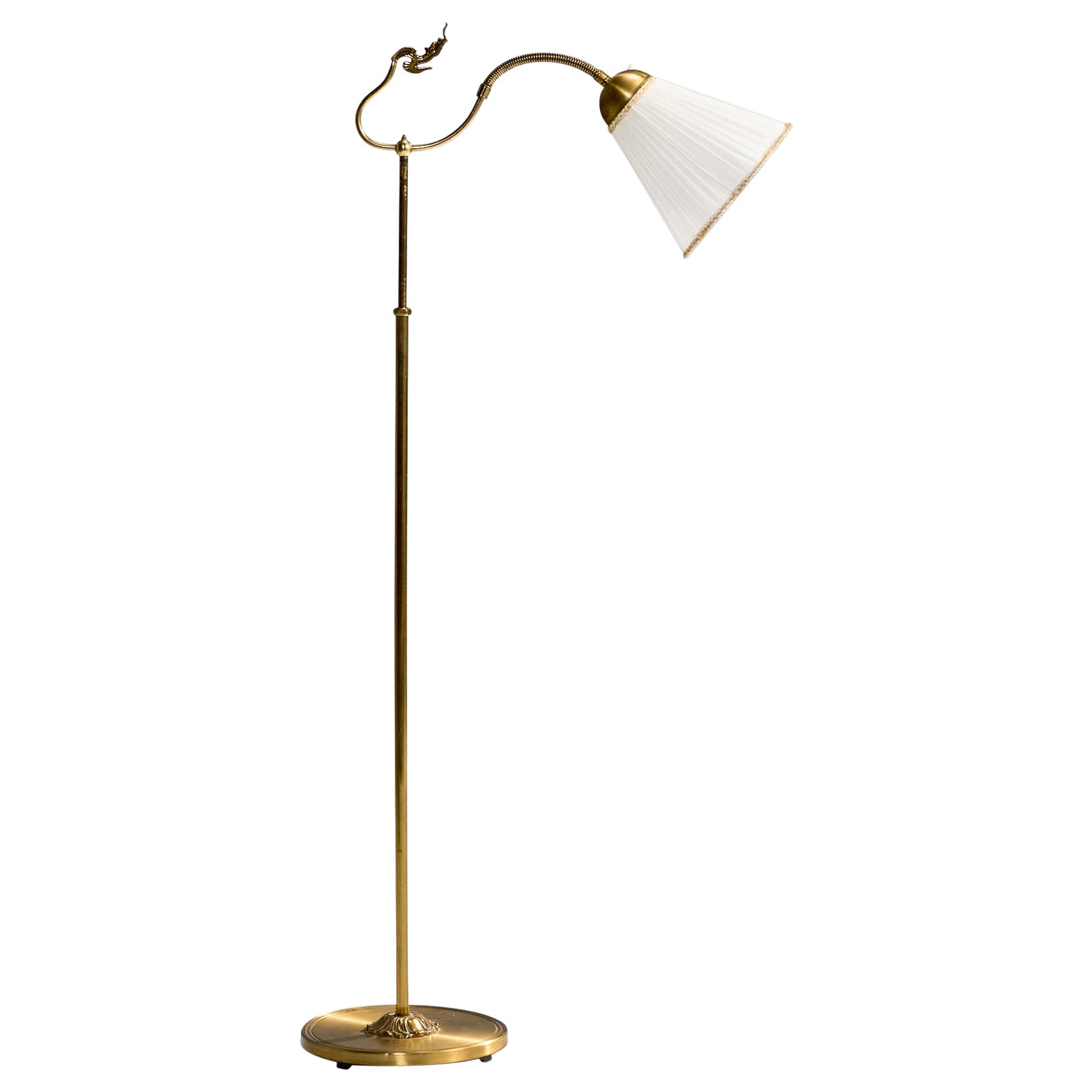 Lampada da terra di design svedese, ottone, tessuto, Svezia, anni '40