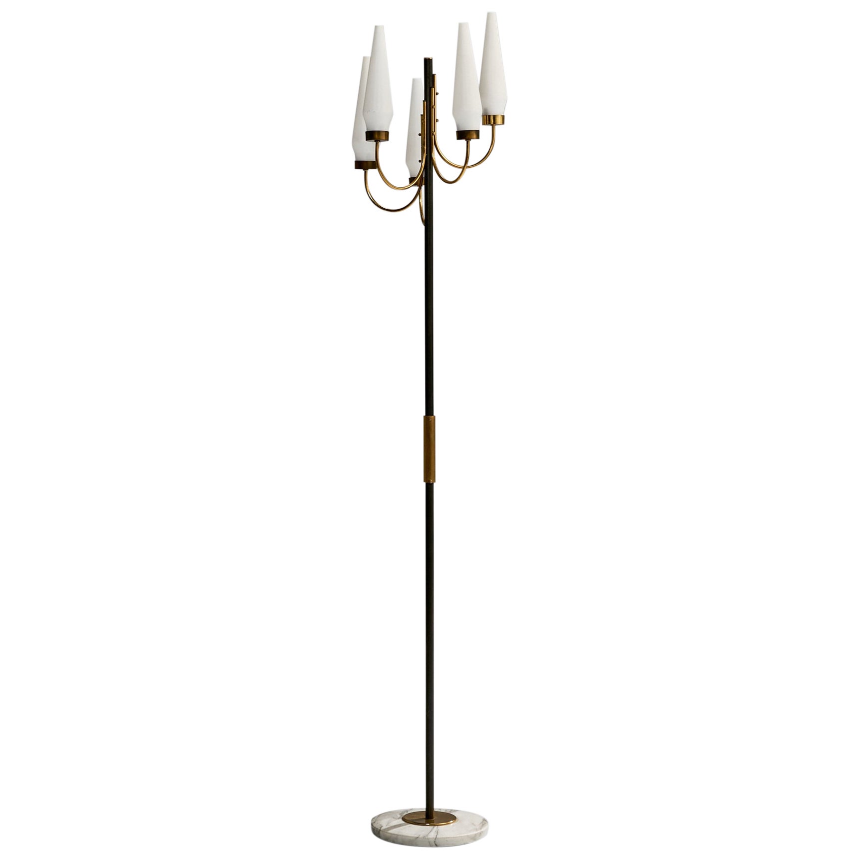 Lampadaire de designer italien, laiton, métal, marbre, verre, Italie, années 1950